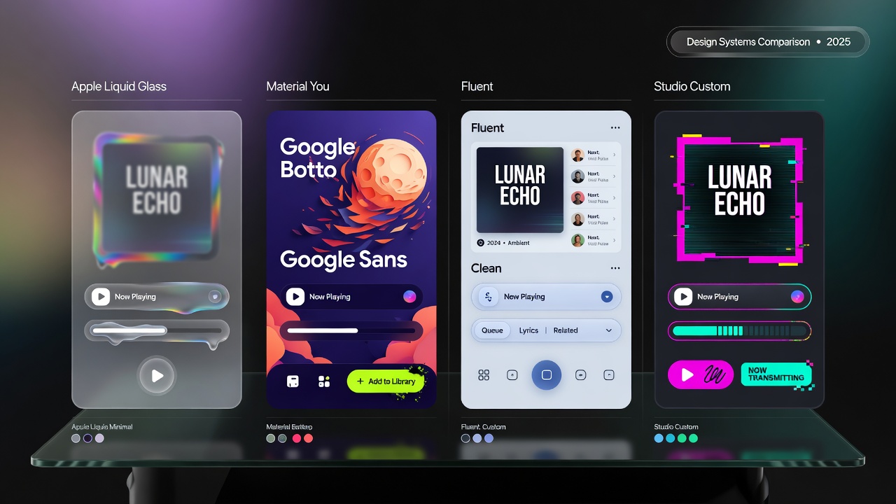 Side-by-side comparison of Apple, Material, Fluent and custom studio design languages in real UI mockups