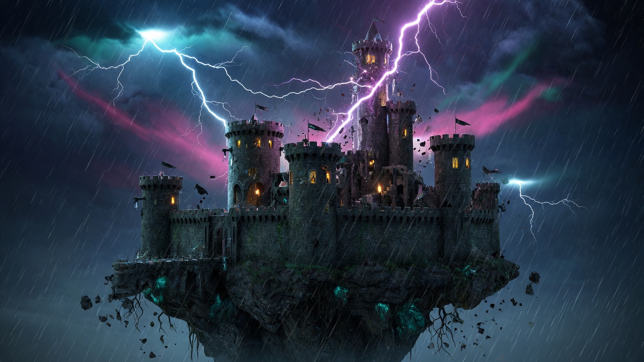Epic stormy floating castle with intense lightning — the kind of atmosphere we build for games